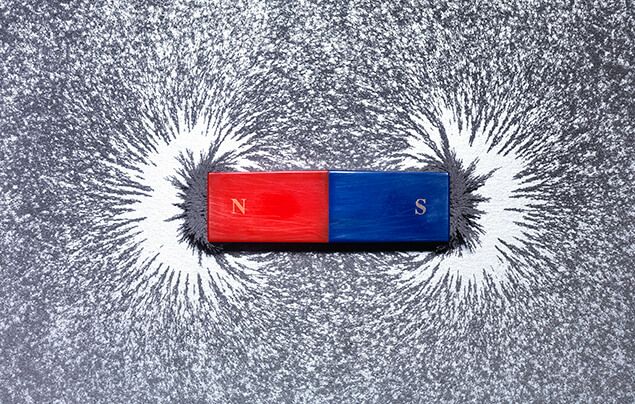 Albert Einstein facts | a magnet sits among iron fillings. one end is red and labelled N, the other blue and labelled S. Each end has an area of blank space in front of it, where it has repelled the metal filings.