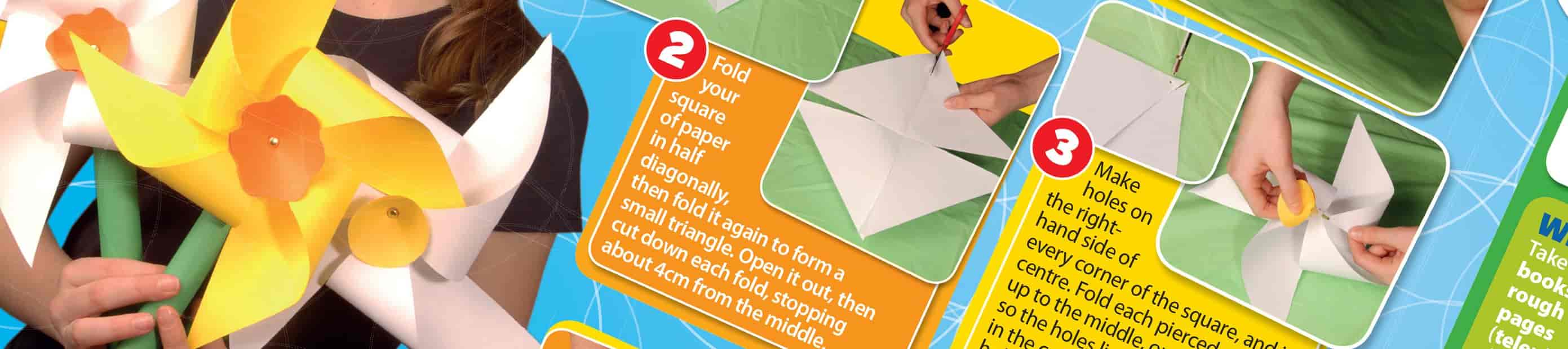 A smiling girl holds large, handmade paper daffodils. This make paper daffodils primary resource features step-by-step instructions with images, showing how to fold and tape white and yellow paper. Bright diagrams illustrate the crafting process.