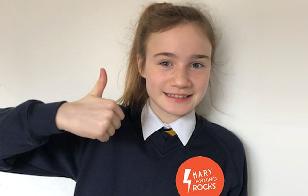 11-year-old fighting for a statue of Mary Anning: Evie Swire wearing a 'Mary Anning Rocks' badge