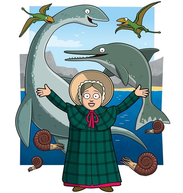 Mary Anning facts: cartoon of Mary Anning surrounded by her pre-historic discoveries