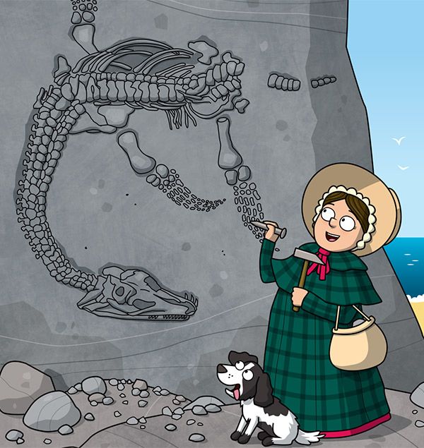 Mary Anning facts: cartoon of Mary Anning discovering the first ever Plesiosaur skeleton