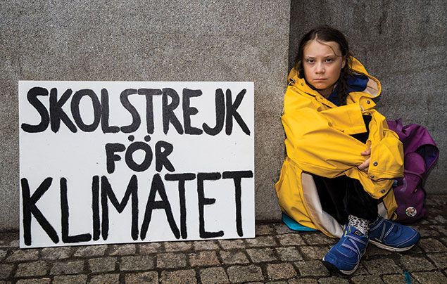 School Strikes for Climate: photo of Greta Thunberg striking outside the Swedish parliament