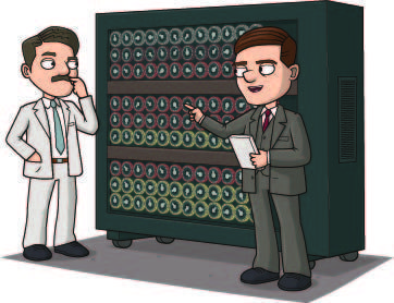 alan turing facts | alan and gordon stand in front of a tall box full of machinery