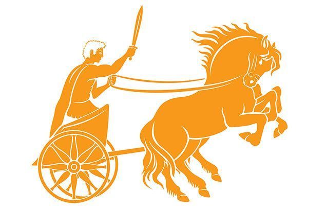 facts about the olympics | a cartoon of a man on a chariot, being pulled by a feisty horse. he is brandishing a sword.