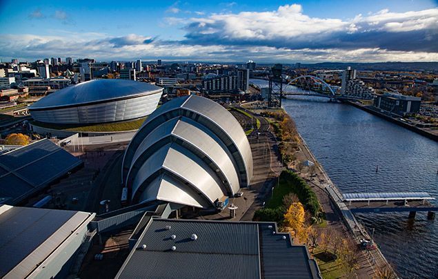 COP26 Glasgow as seen from the sky, looking down over a river and the Scottish Events Campus