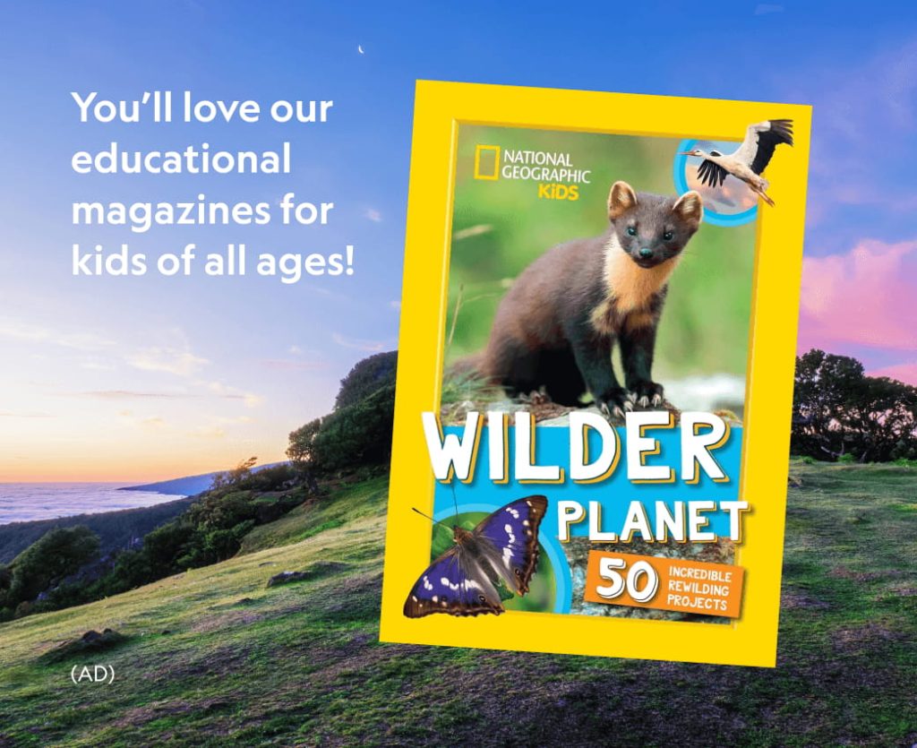 You'll love our educational magazines for all ages! is written on the post, which shows a Nat Geo Kids book called Wilder Planet