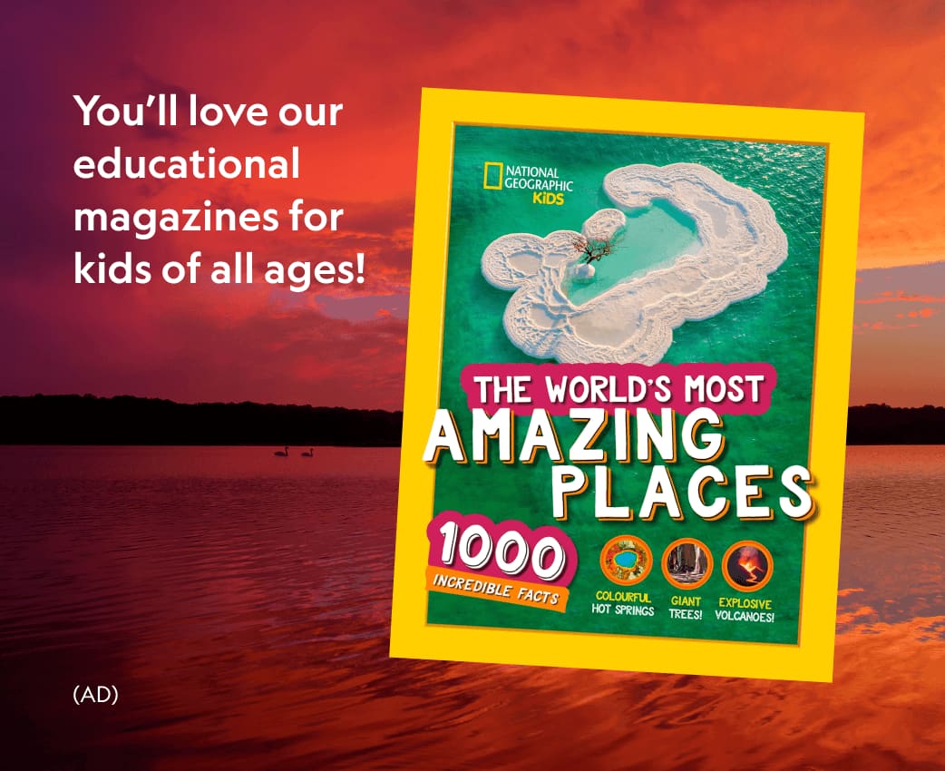 You'll love our educational magazines for all ages! is written on the post, which shows a Nat Geo Kids book called The World's Most Amazing Places