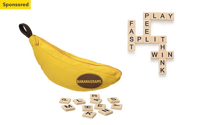 christmas gift guide | a yellow cloth bag in the shape of a banana contains small letter tiles each with a letter of the alphabet on it. It reads BANANAGRAMS on the side. To the right of the image is a small crossword puzzle built using the letter tiles. 