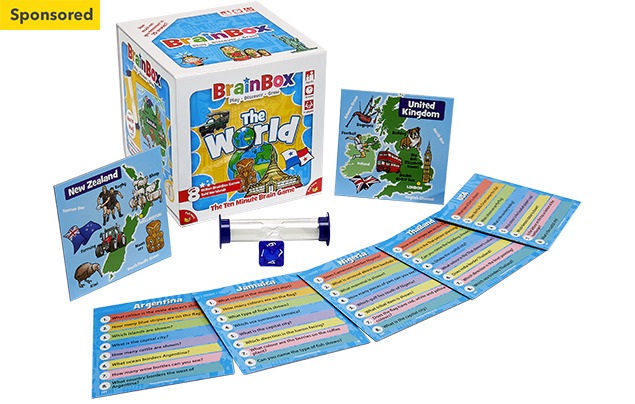 christmas gift guide | the game box for BrainBox: The World, which reads 'The Ten Minute Brain Game' on it. There are two cards displayed, one for New Zealand and one for United Kingdom, as well as a small sand timer and blue die. There are also four cards spread out in front, showing the question element of the game - these are for Argentina, Jamaica, Nigeria, and Thailand. 