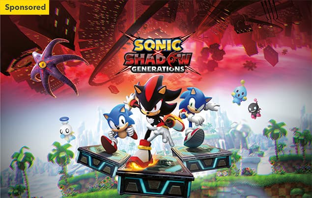 christmas gift guide | an image of Sonic x Shadow Generations, showing hedgehog characters running along underneath a dark red city in the sky, with a green world beneath them