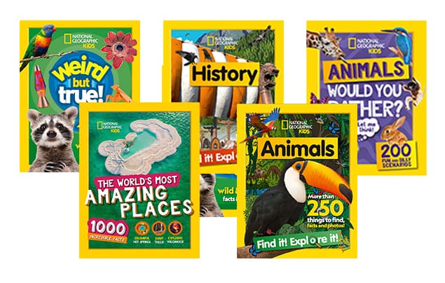 christmas gift guide | five National Geographic Kids book titles - 'Weird but True' annual 2025; 'History: Find it! Explore it!'; 'Animals: Would you rather?; 'The world's most amazing places'; and 'Animals: Find it! Explore it!' 