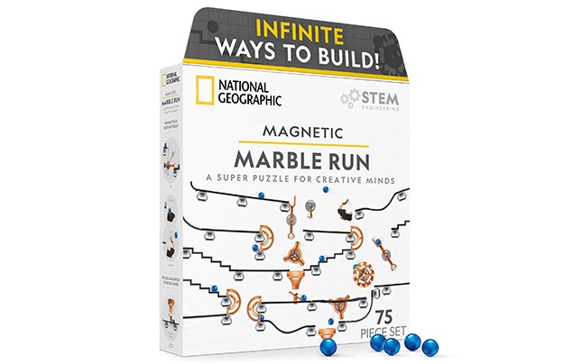 a box containing the Magnetic Marble Run. It reads 'Infinite ways to build' on the lid, and the front of the box reads 'National Geographic / STEM engineering, Magnetic Marble Run: a super puzzle for creative minds. 75 piece set.'