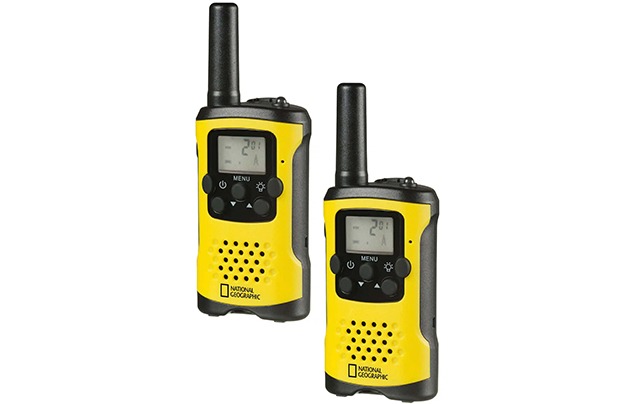 christmas gift guide | two National Geographic walkie-talkies. Each one has a yellow front and black back. There are five buttons on the front including power, torch, volume up and down and menu, and a small screen showing the radio frequency.