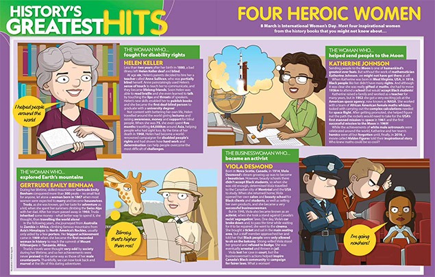 family history | a double page spread of national geographic kids magazine, showing four historical heroines