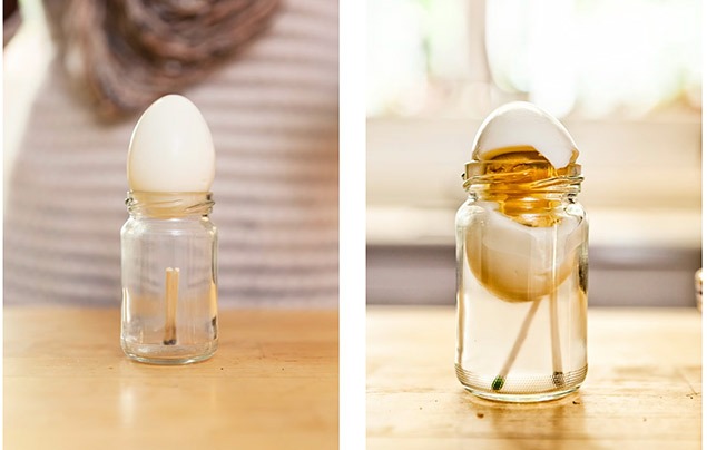 science experiments for kids | two photos - on the left, an egg sits at the top of a jar with two burning matches in. on the right, the egg is squeezed through the opening in the jar, towards the matches.