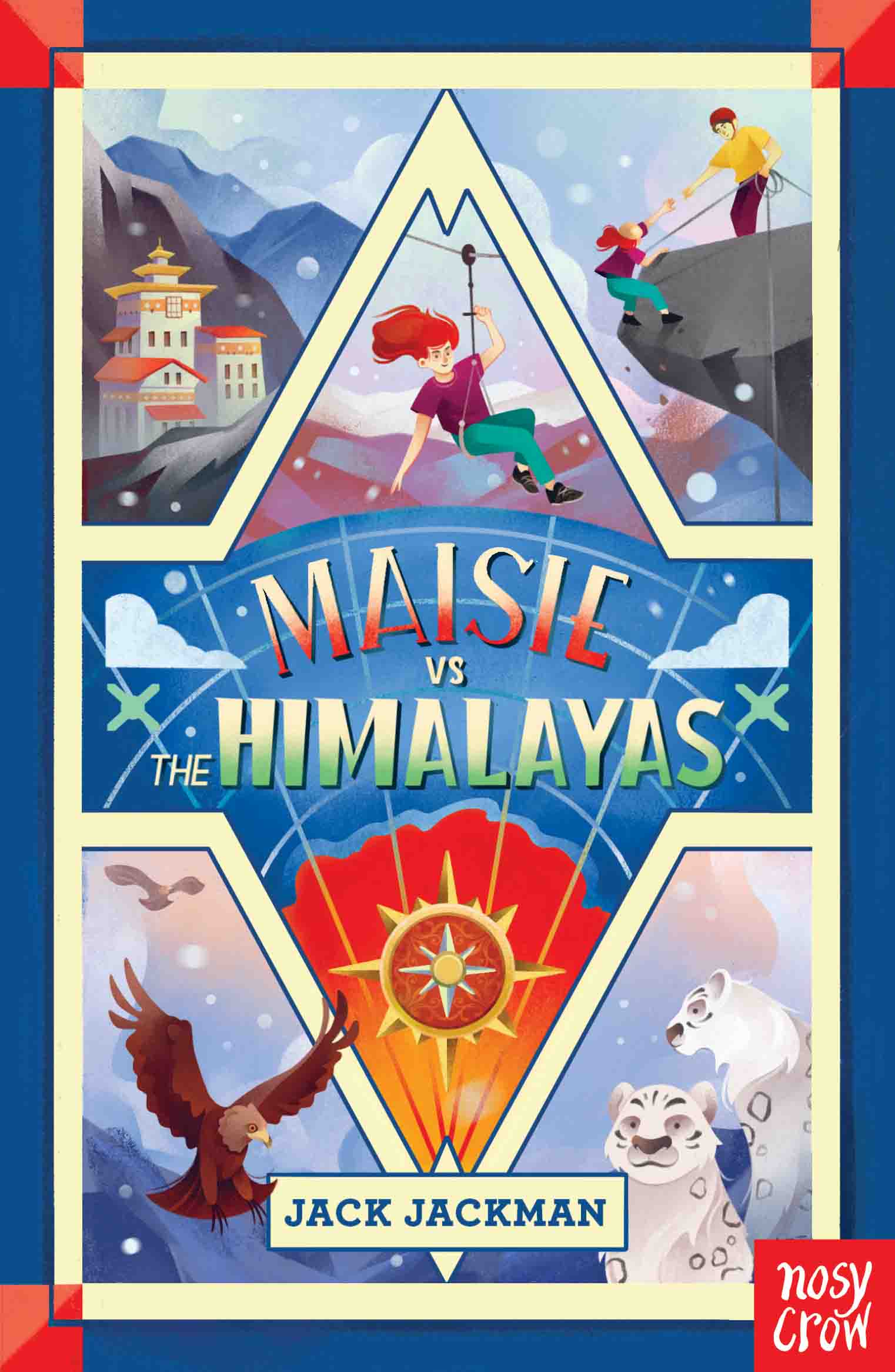 Book cover for Maisie vs the Himalayas by Jack Jackman, featuring an illustration of a girl zip-lining past mountains, a temple, a hawk, and two snow leopards, a species often highlighted in recent zoo news.