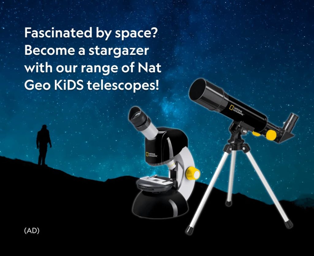 White text reads 'Fascinated by space? Become a stargazer with our range of Nat Geo KiDS telescopes' The post also shows a National Geographic microscope and telescope set