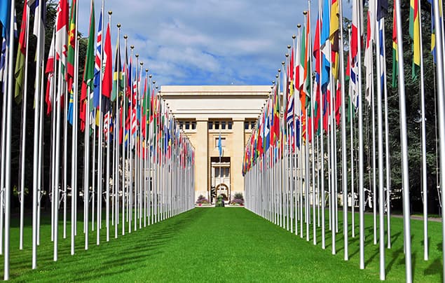 sustainable development goals | a white building with rows of flagposts in front of it