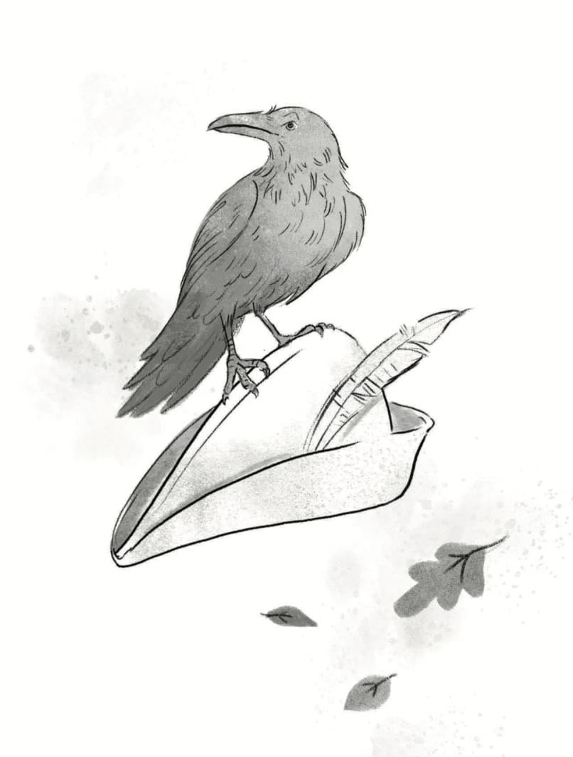 a pencil drawing of a raven perched on top of a hat with a feather in it