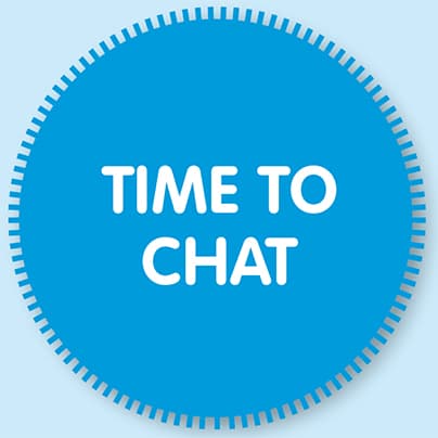 A blue circle with a patterned edge, inspired by National Geographic Little Kids, sits on a light blue background and contains the white, bold text TIME TO CHAT centered in the middle.