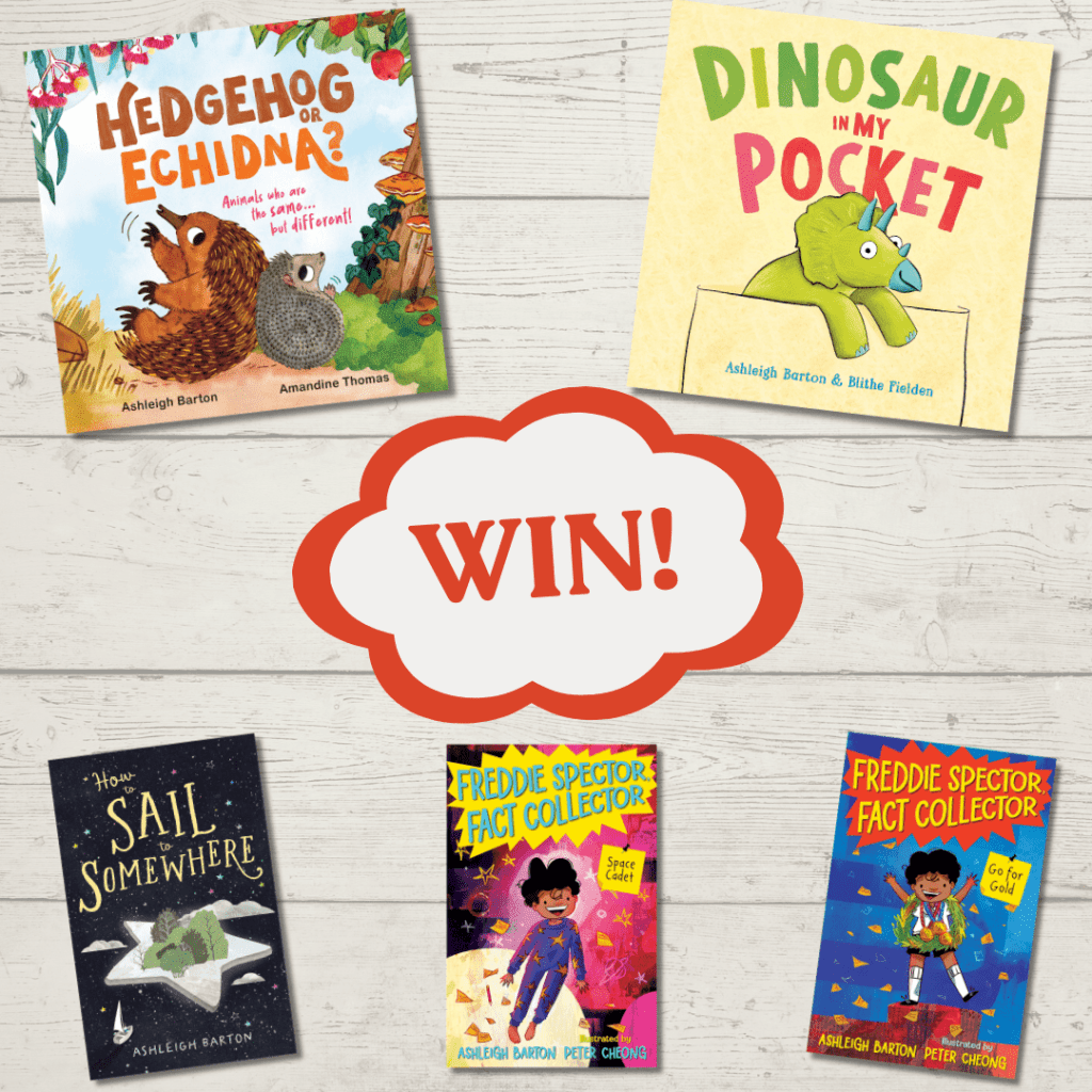 A giveaway image displays five colorful childrens books, including Hedgehog or Echidna?, Dinosaur in My Pocket, How to Sail Somewhere, and two Freddie Spector: Fact Collector titles, with a large WIN! in the center.