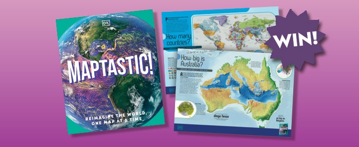 Banner for Maptatstic competition featuring a packshot and two pages of the book. Text reads 'WIN!'