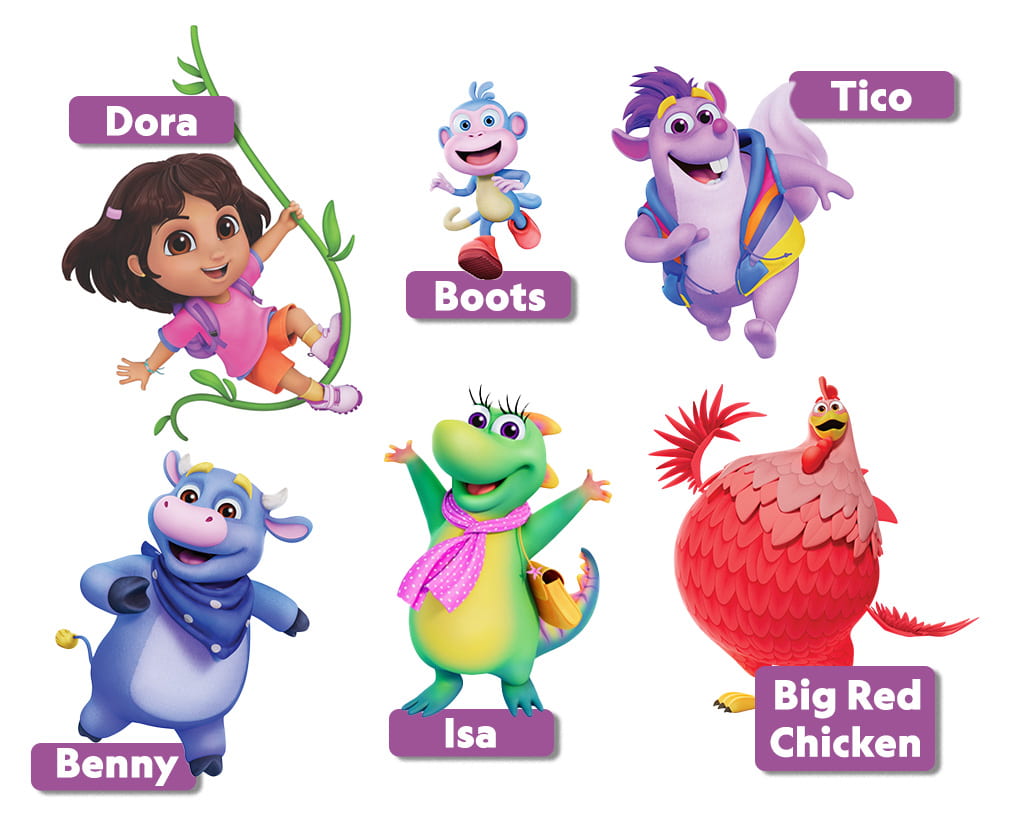 Illustrations of Dora's friends inclusing Dora, Boots, Benny, Isa, Tico and Big Red Chicken.