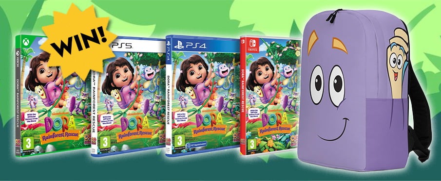 Packshots of Dora Rainforest rescue on four consoles and a Dora backpack. Text reads 'WIN'.