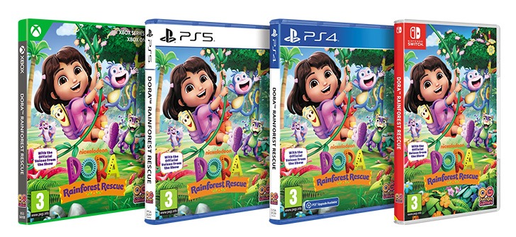 Packshots of four Dora Rainforest Rescue games.