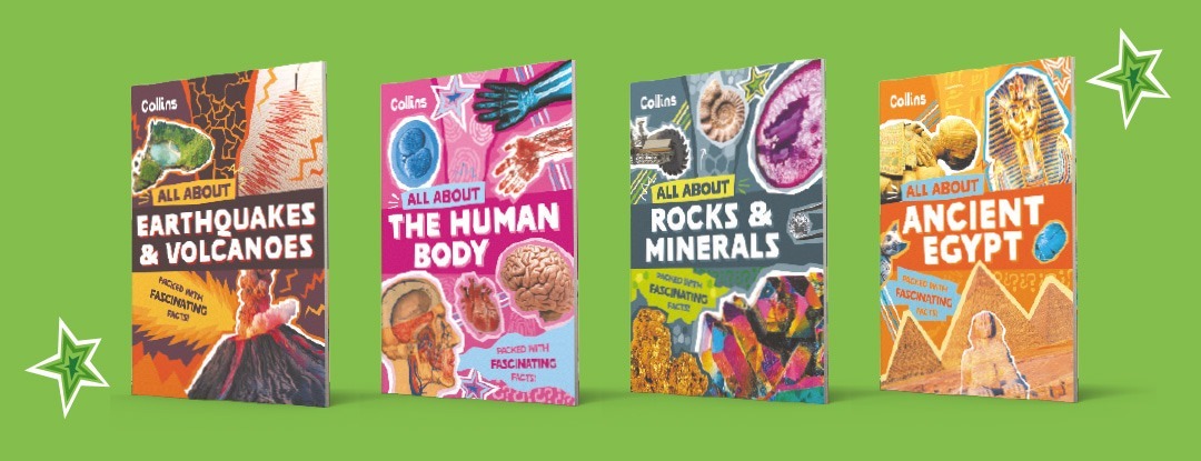 All 4 All About books by HarperCollins - Earthquakes and Volcanoes, Human Body, Rocks and Minerals and Ancient Egypt