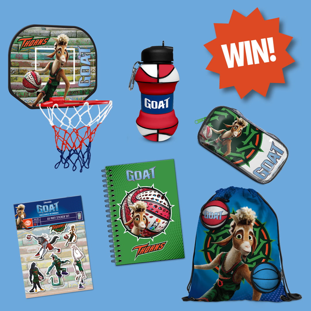 GOAT film competition - basketball hoop, water bottle, pencil case, stickers, notebook and bag