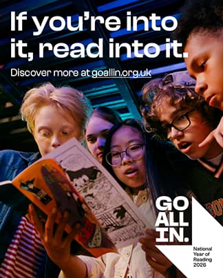 This decorative image shows kids gathered around a magazine they're all reading. Text reads: If you're into it, read into it. Discover more at goallin.org.uk