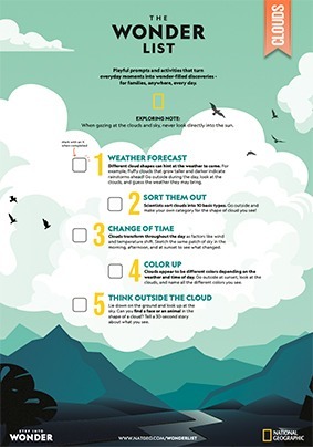 Earth Day activities including guessing the weather clouds may bring, sorting clouds into types, observing changes in clouds, looking at cloud colours and searching for shapes in clouds