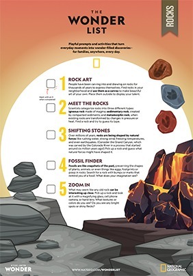 earth day activities | this PDF shows five activities to do with rocks, including finding local rocks and using them to make rock art, identifying different types of rocks, thinking about natural forces that have shaped rocks, looking for fossils and zooming in on rocks with a magnifying glass