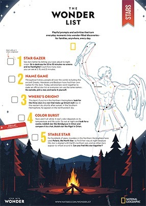 Earth Day activities including star gazing, naming stars yourself, looking for Orion, identifying different coloured stars and searching for Polaris