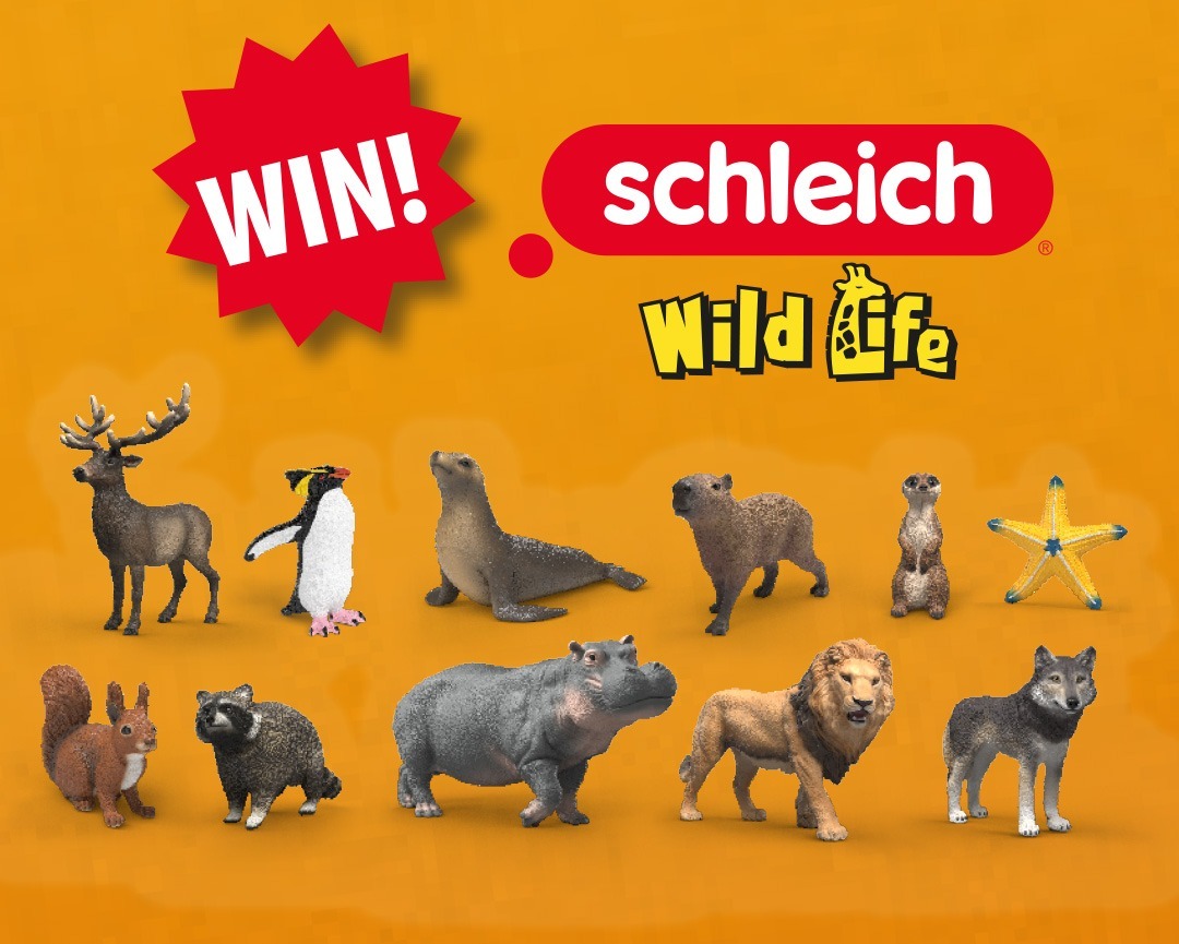 Image of 'Schleich Wild Life logo' and series of animal figurines. A 'WIN' flash is also included.