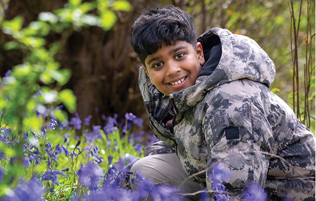 Aneeshwar Kunchala, a young boy with dark hair, kneels to the ground in a bluebell wood and smiles at the camera. He's wearing a grey camouflage coat.
