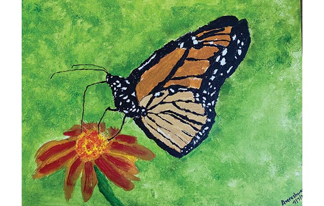 A painting by Aneeshwar of an orange and yellow butterfly perched on top of a red flower