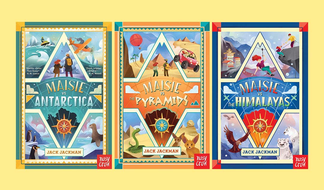 Three colourful book covers from the Maisie adventure series by Jack Jackman, titled Maisie vs Antarctica, Maisie vs The Pyramids, and Maisie vs The Himalayas, each featuring themed illustrations.