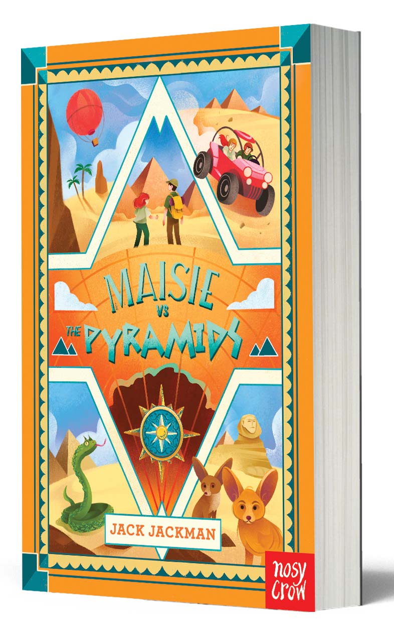 A colourful book cover titled Maisie vs The Pyramids by Jack Jackman features pyramids, a hot air balloon, kids with a dog, a dune buggy, a snake, and a fennec fox, with a compass in the centre.