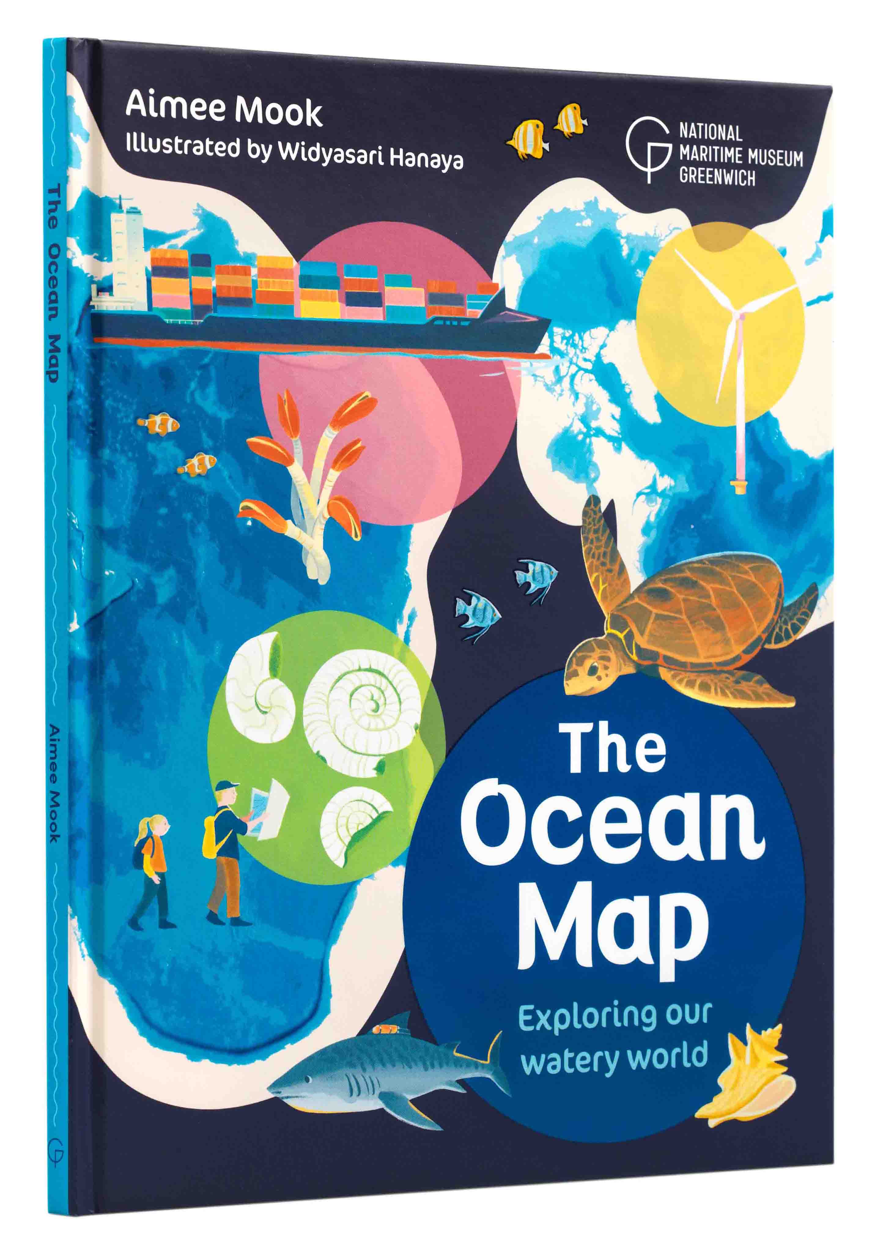 Book cover for The Ocean Map: Exploring our watery world by Aimee Mook, illustrated by Widyasari Hanaya, featuring ocean animals, explorers, a ship, wind turbine, and submarine—all set against a vibrant blue Ocean Map background.