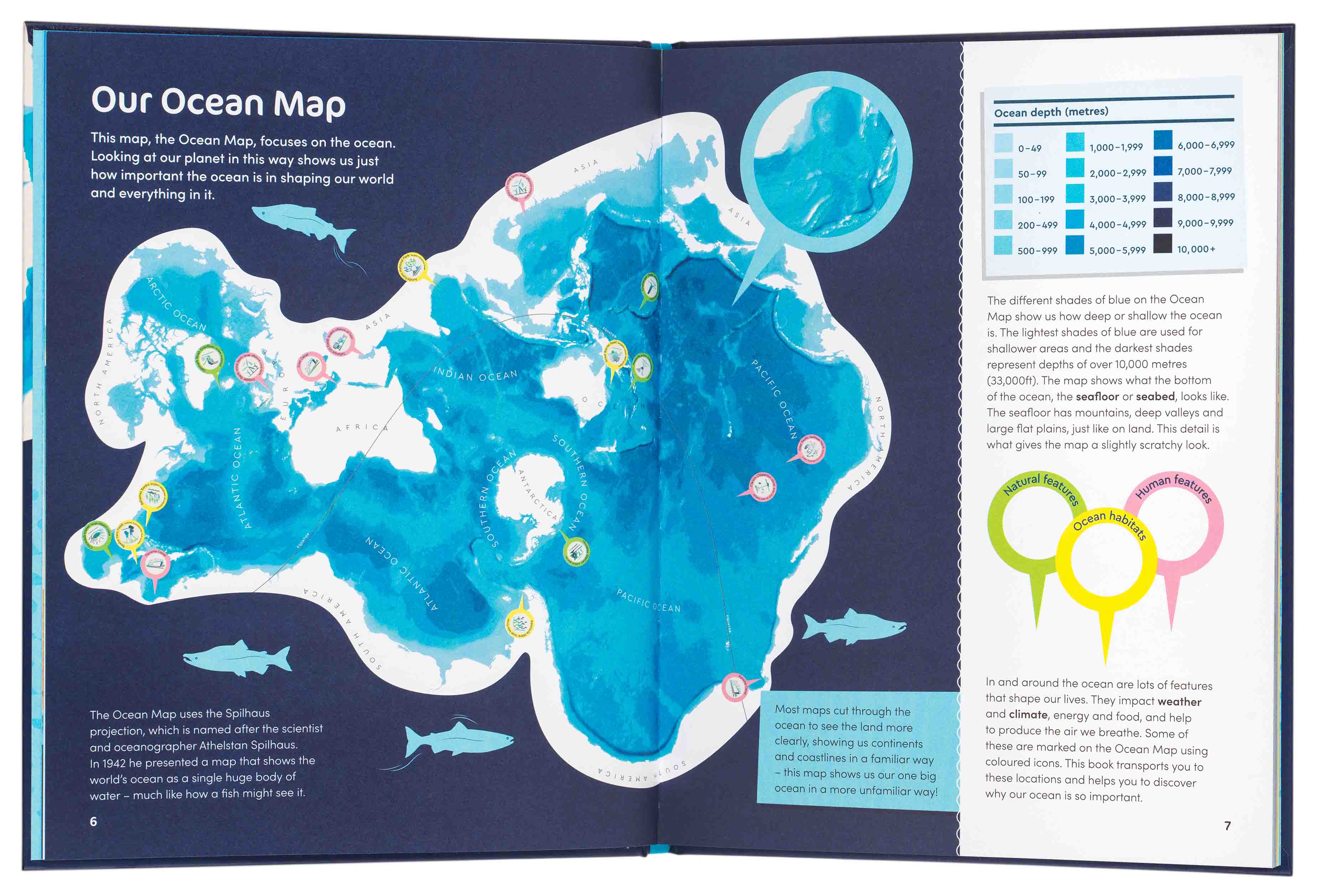 An illustrated spread from a book shows a detailed Ocean Map in blue tones, with labelled locations, whales, and islands. A chart of ocean depths and colourful infographics highlight ocean importance and features on the right page.
