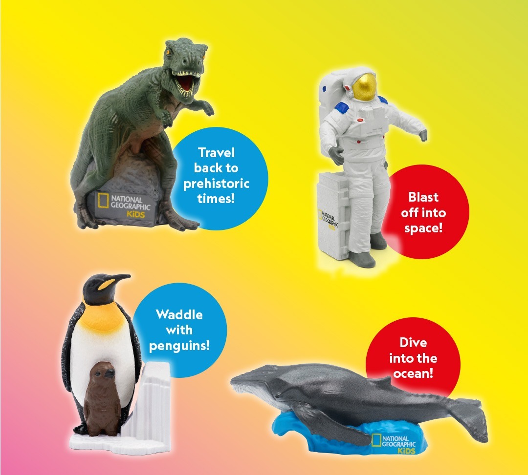 Four toy figures on a gradient yellow-pink background: a T. rex with "Travel back to prehistoric times!", an astronaut with "Blast off into space!", two penguins with "Waddle with penguins!", and a whale with "Dive into the ocean!"—explore the world of tonies and children's audio stories.