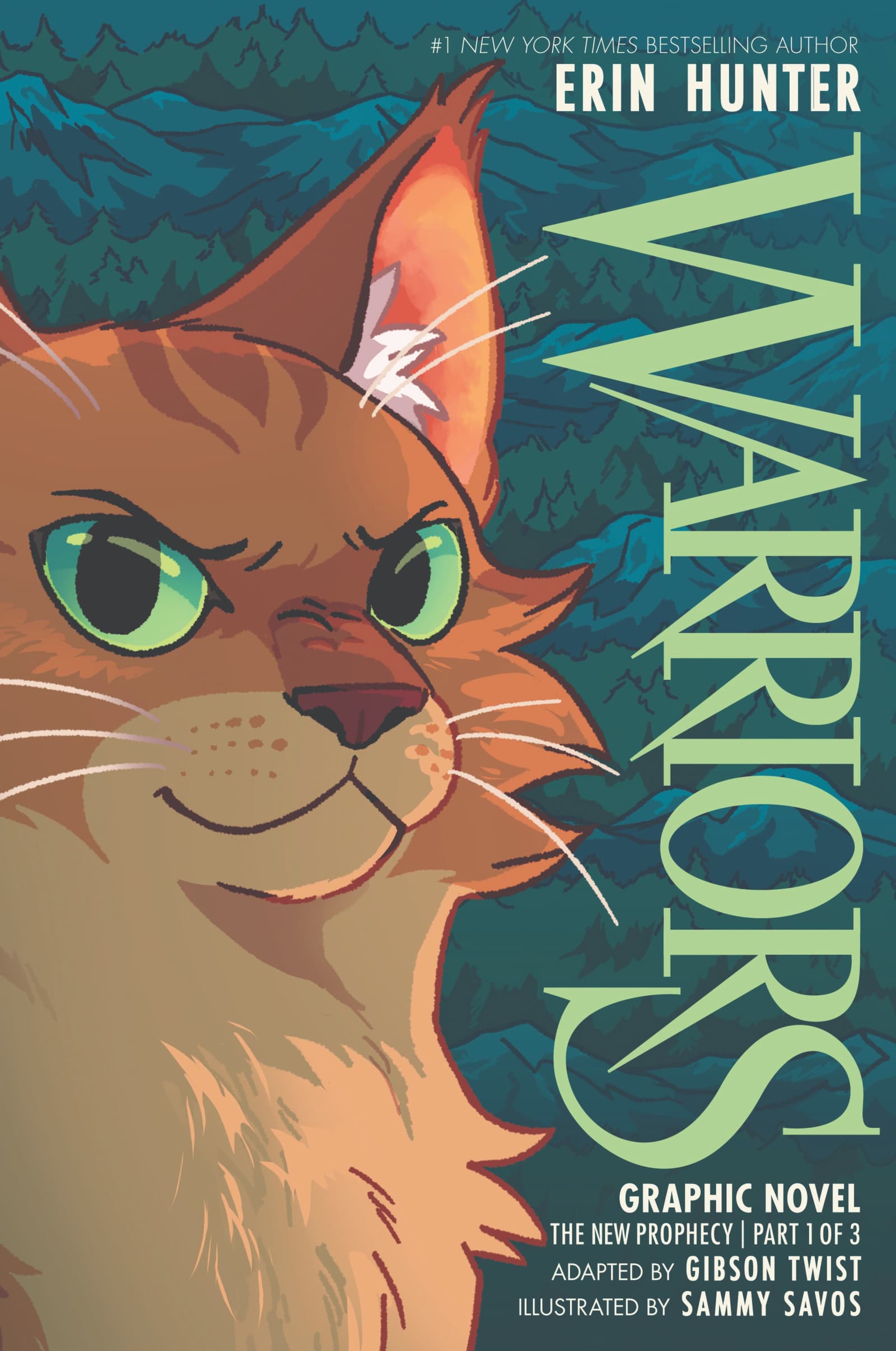 Illustrated cover of Warriors: The New Prophecy shows a determined ginger cat with green eyes in front of dark green pine trees, hinting at the thrilling adventure within. The author Erin Hunter’s name is at the top, with HarperCollins as the publisher.