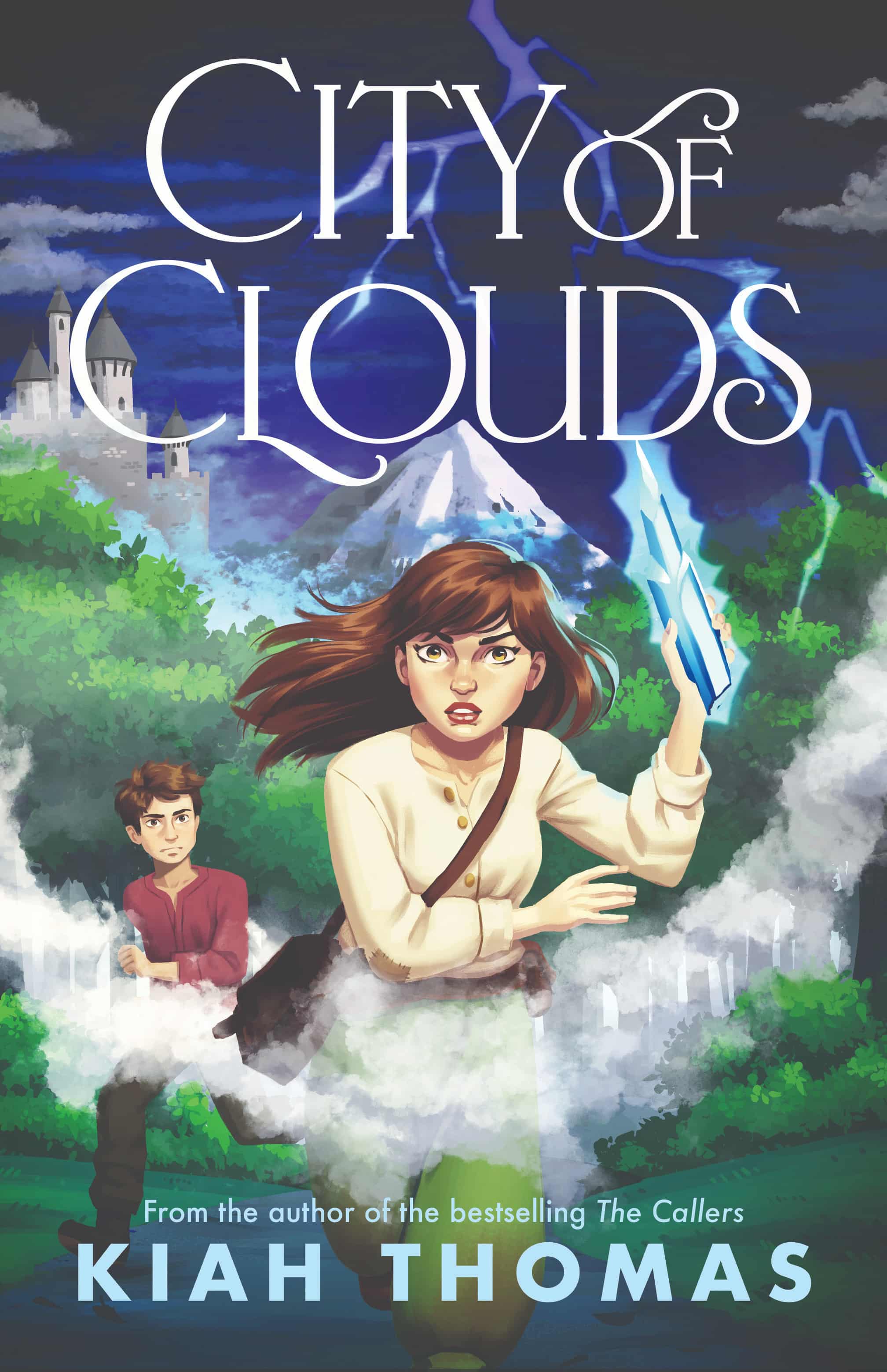 A girl holding a glowing book stands in front of a boy, with a castle, mountains, and lightning in the background—setting the stage for their next adventure. The text reads City of Clouds by Kiah Thomas, published by HarperCollins.