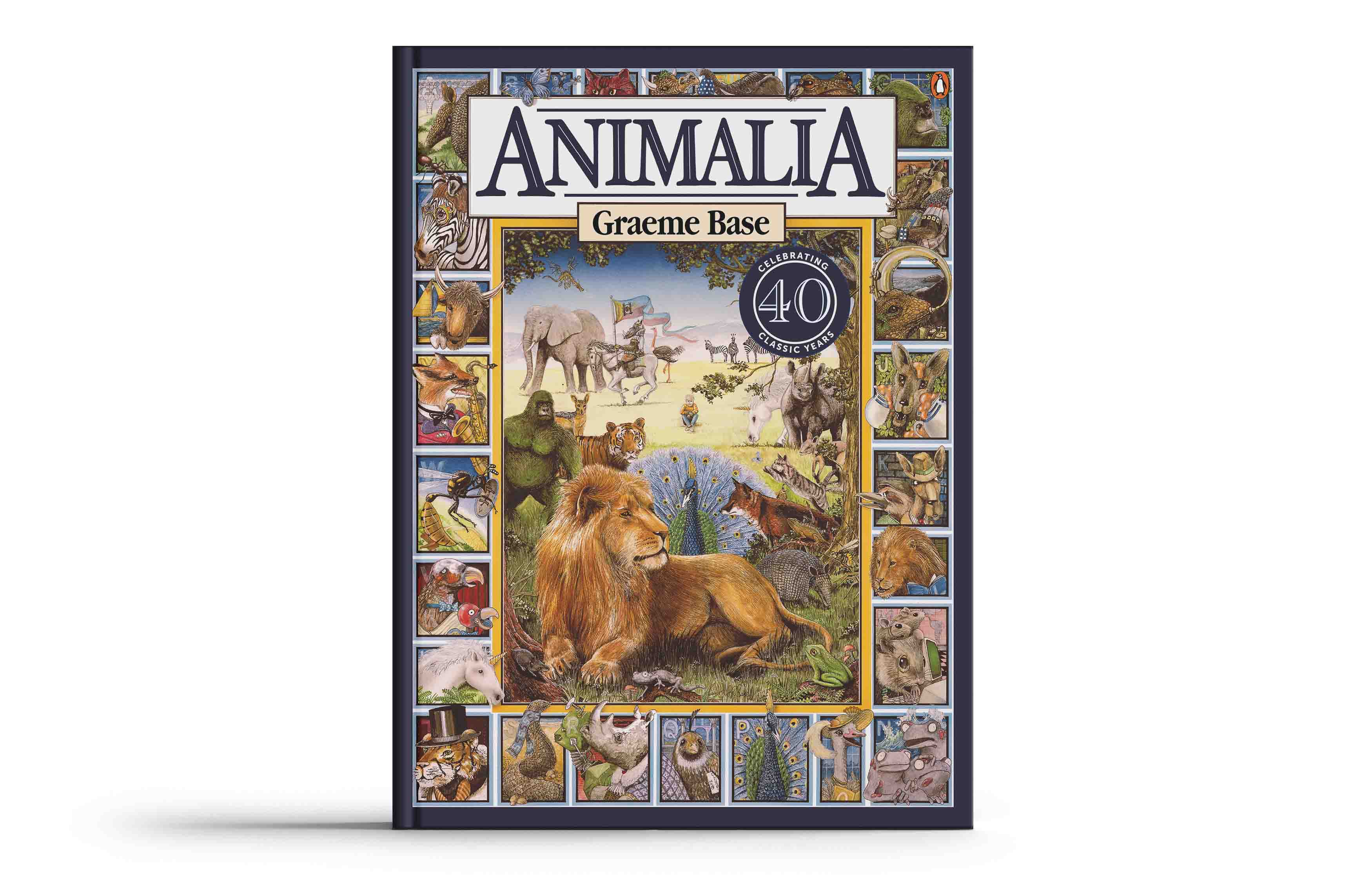 The cover of the book Animalia by Graeme Base, featuring a large lion in the centre, surrounded by illustrations of various animals, proudly displays the text 40th Anniversary Special Edition.
