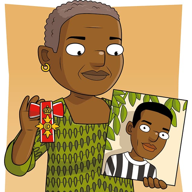 A woman with short hair holds a medal in one hand and a portrait of a young man wearing a striped shirt in the other, standing against a plain background.