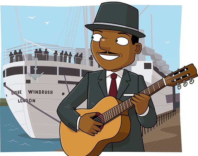 A smiling man in a suit and hat plays a guitar near a docked ship labelled Empire Windrush London, with people—likely part of the Windrush generation—standing on the ship and seagulls flying overhead.
