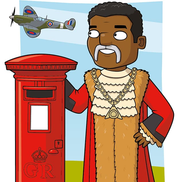 Cartoon of a man in ceremonial robes beside a red British postbox, with a WWII aeroplane flying in the sky above—a subtle nod to the Windrush generation and their lasting impact on British history.