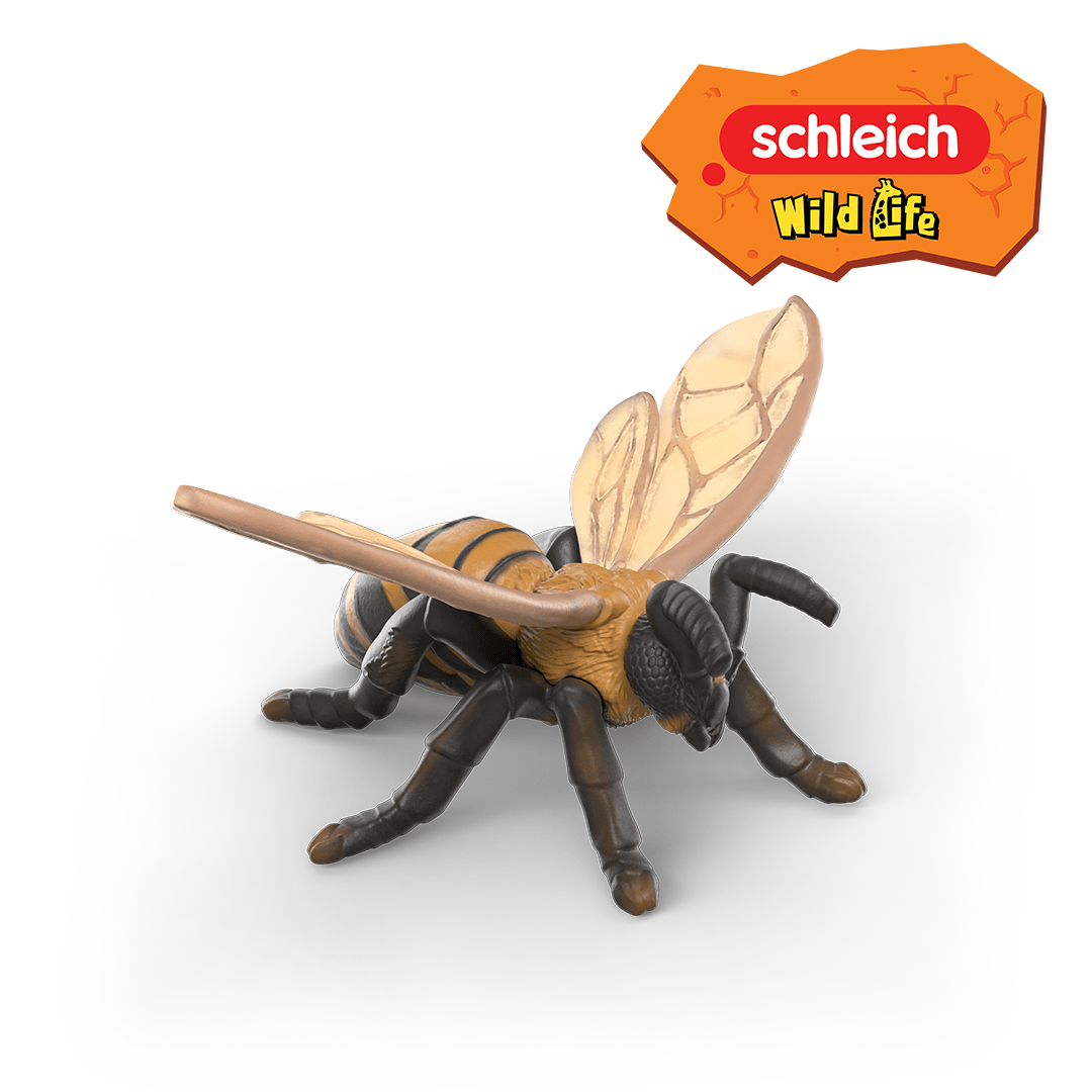A realistic toy hornet figurine with tan wings and black-and-yellow stripes, posed on a white background. Perfect for insect identification or as part of a discovery set, the Schleich Wild Life logo appears in the top right corner.
